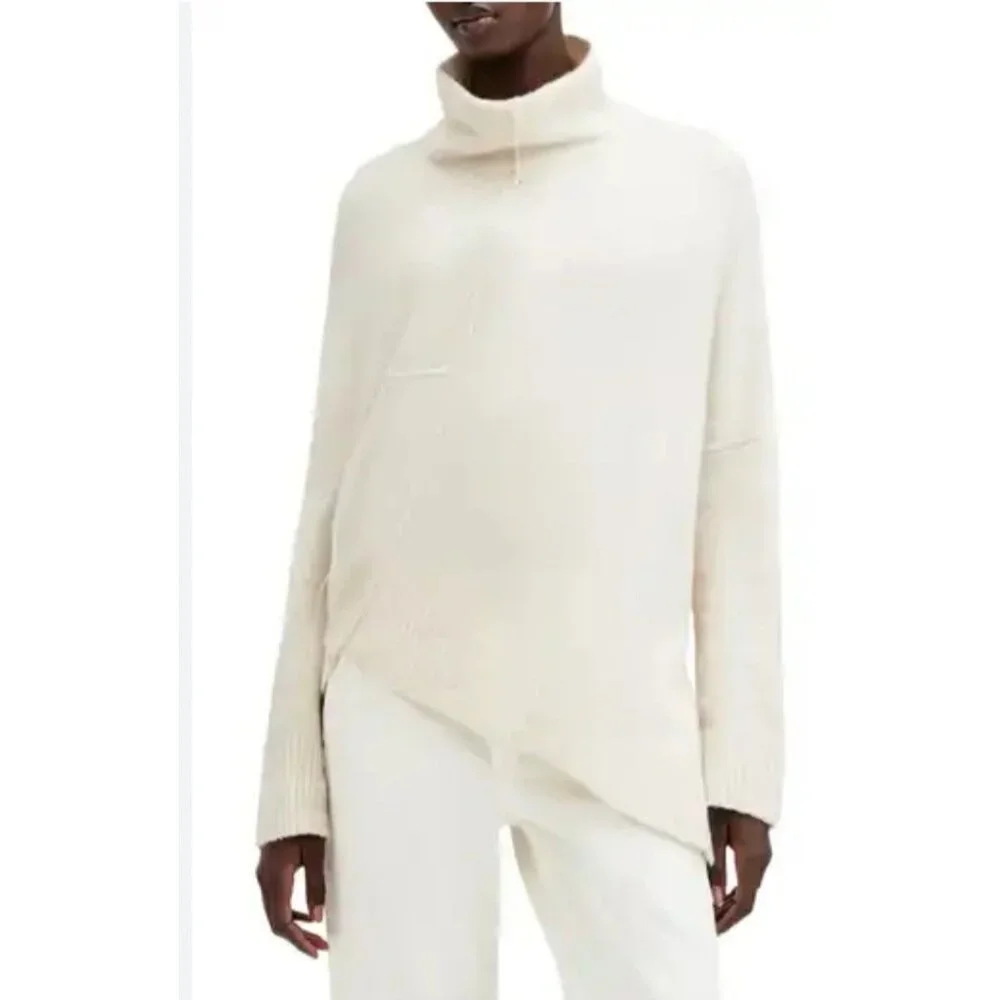 ALLSAINTS Sweater Lock Roll Neck Wool Yak L Blend Asymmetrical Hem Ivory